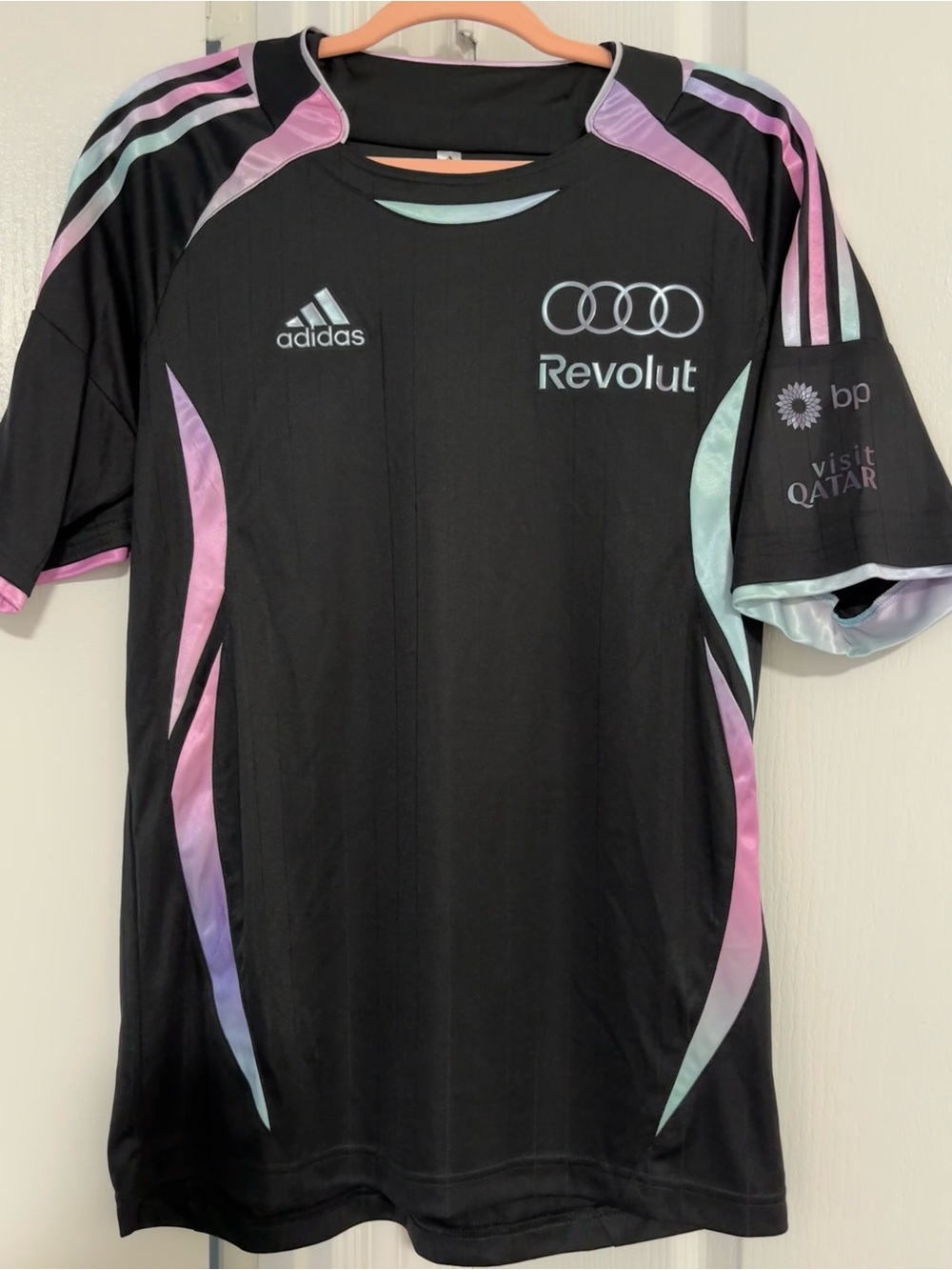 Adidas Unisex Black F1 Jersey with Pastel Pink & Mint Accents